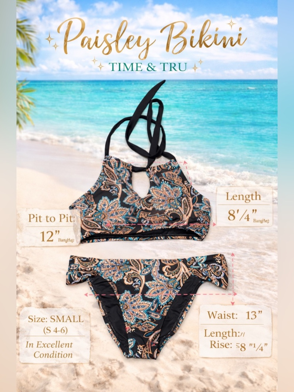 Time & Tru Paisley Bikini Set Small S 4-6 Halter High Cut Bottoms Boho Swim - Picture 1 of 2
